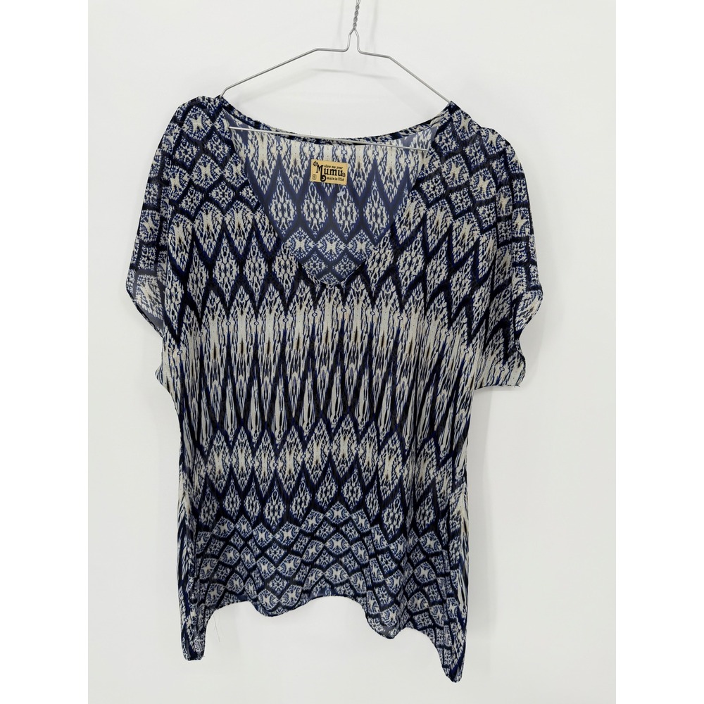 Show Me Your Mumu Womens Blouse Geometric Ikat Blue Small